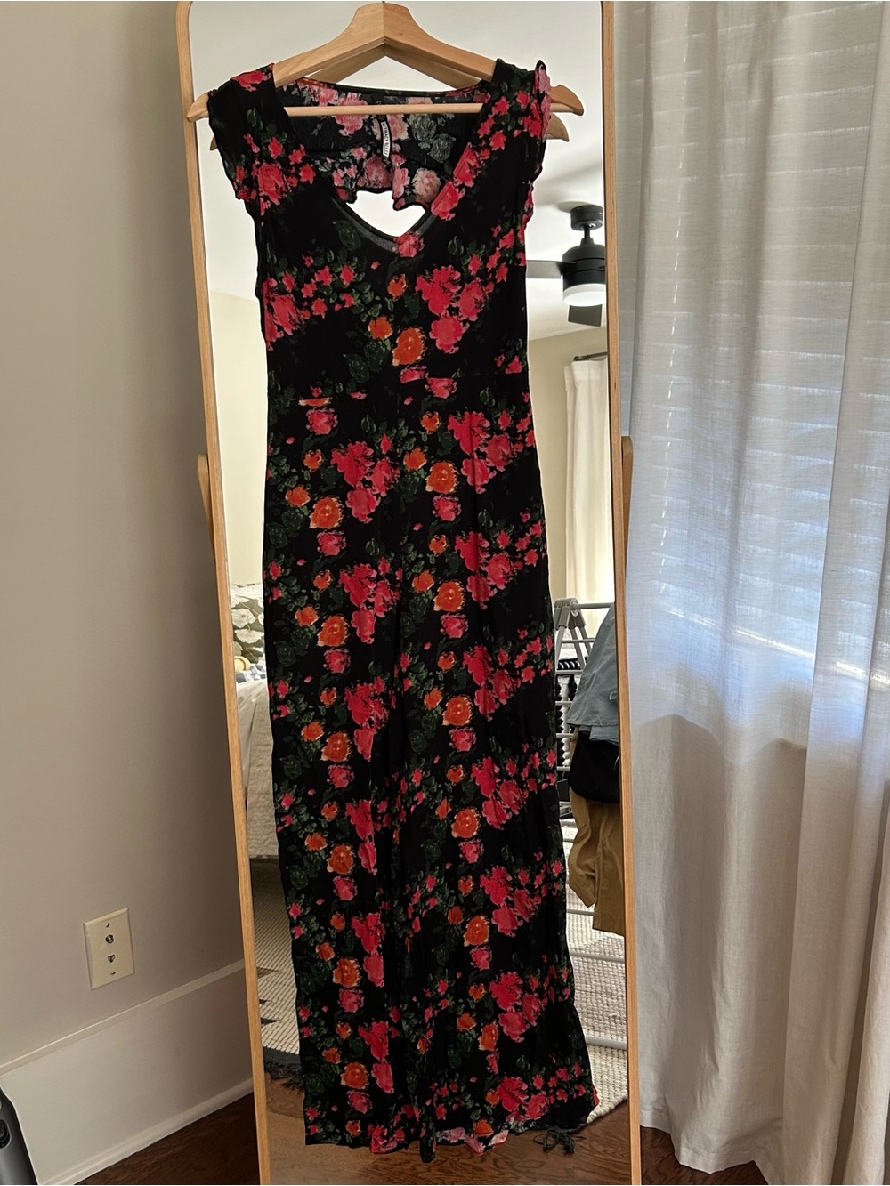Anthropologie Black Floral Jumpsuit with Pink & Orange Blooms